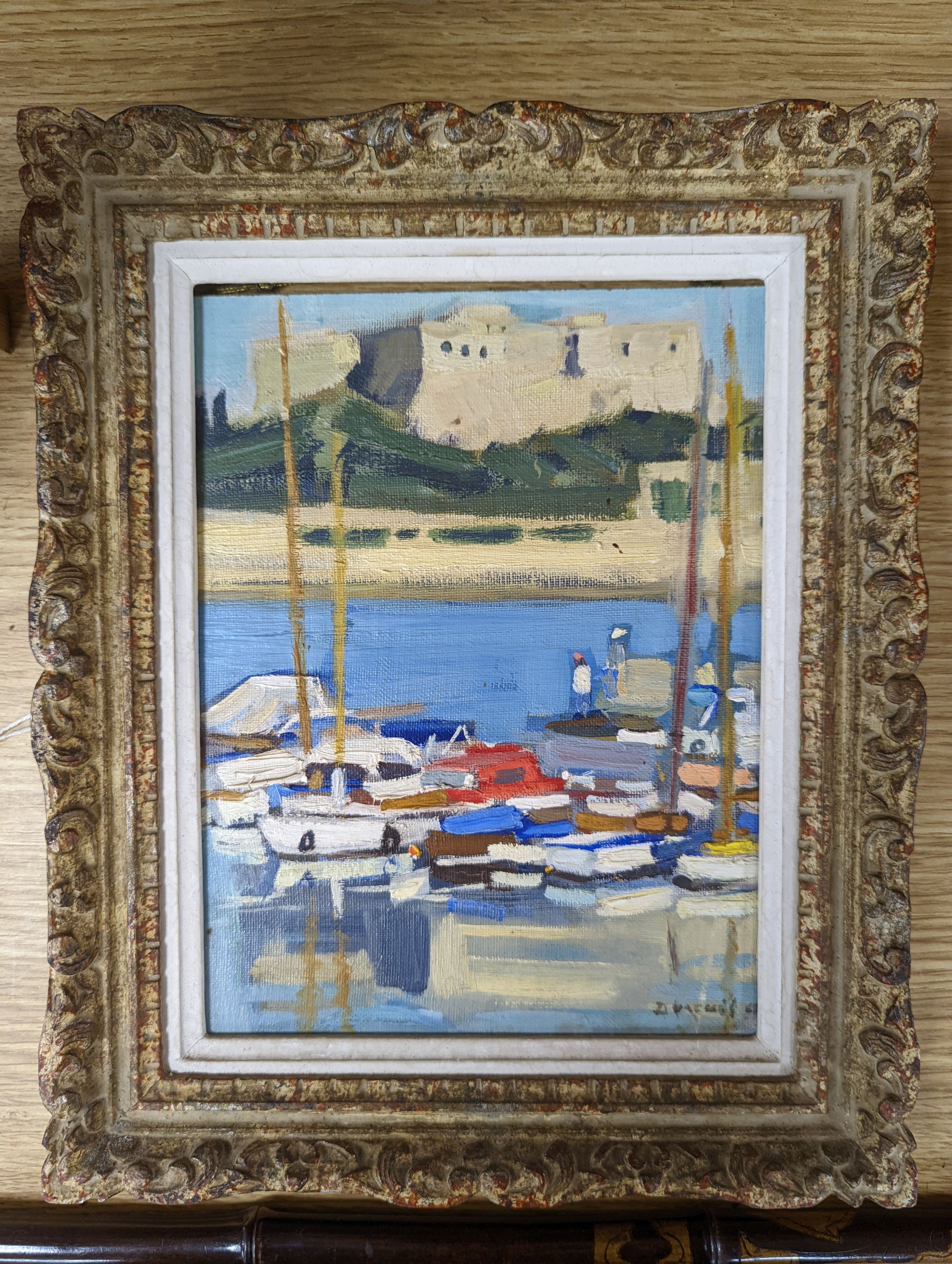 Michel Dureuil (1929-2011), oil on canvas laid on board, French harbour scene, signed, 24 x 18cm